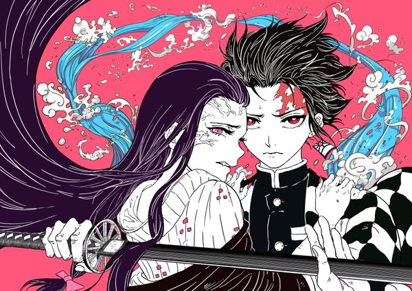 Anime picture 3508x2480 with kimetsu no yaiba ufotable kamado nezuko kamado tanjirou ze ro long hair looking at viewer highres short hair red eyes absurdres traditional clothes japanese clothes pink eyes fang (fangs) monochrome scar pink background siblings checkered
