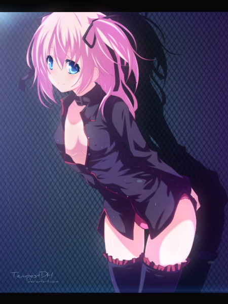 Anime picture 750x1000 with tempestdh single long hair tall image blush blue eyes light erotic smile pink hair coloring hands behind back girl thighhighs ribbon (ribbons) black thighhighs hair ribbon shirt collar