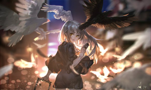 Anime picture 2086x1247 with original pixiv fantasia pixiv fantasia fallen kings alcd single long hair looking at viewer highres open mouth wide image signed silver hair looking back sunlight depth of field evening sunset girl dress animal