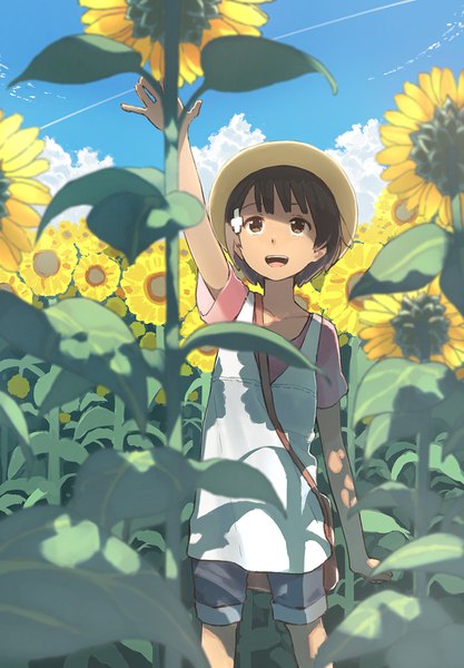 Anime picture 1186x1704 with original minamito single tall image blush fringe short hair open mouth smile brown hair brown eyes sky cloud (clouds) outdoors :d arm up shadow looking up summer girl