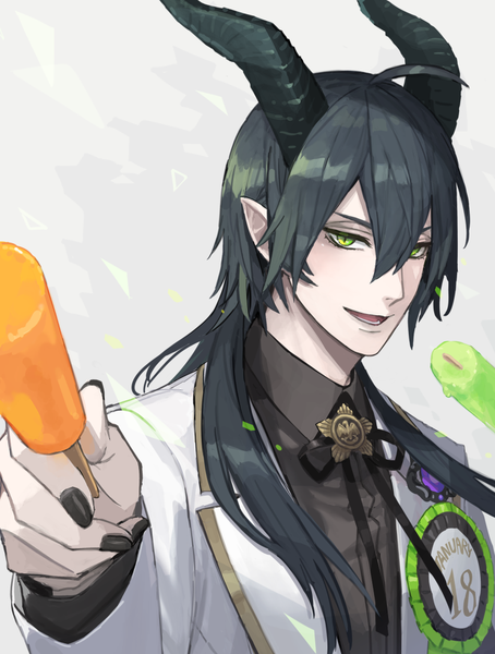 Anime picture 757x1000 with twisted wonderland malleus draconia chorefuji single long hair tall image fringe open mouth black hair simple background hair between eyes green eyes ahoge nail polish :d horn (horns) pointy ears grey background black nail polish boy