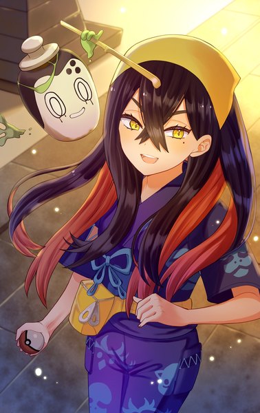 Anime picture 1000x1589 with pokemon pokemon (game) pokemon sv nintendo carmine (pokemon) poltchageist pechi (peeechika) single long hair tall image fringe open mouth black hair hair between eyes yellow eyes red hair traditional clothes :d japanese clothes multicolored hair