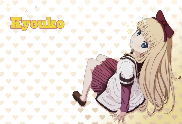 Anime picture 2560x1750 with yuru yuri doga kobo toshinou kyouko yukiyo (otca202) single long hair highres blue eyes blonde hair smile sitting looking back girl skirt bow hair bow serafuku shoes heart