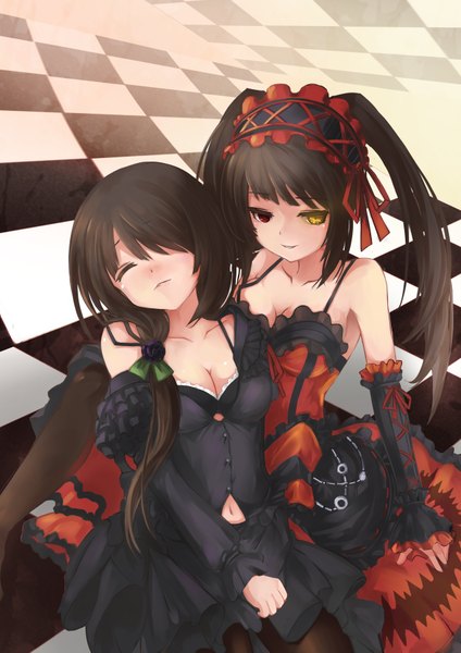 Anime picture 2480x3507 with date a live tokisaki kurumi zxhautumn long hair tall image highres black hair twintails bare shoulders multiple girls eyes closed heterochromia low twintails dual persona checkered checkered background girl dress 2 girls detached sleeves