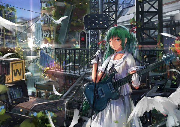 Anime picture 1200x849 with original dlkdhy long hair looking at viewer twintails green eyes one eye closed green hair wink girl dress gloves animal bird (birds) guitar microphone stand electric guitar traffic lights