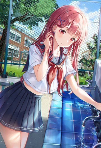 Anime picture 1000x1468 with original m1yu single long hair tall image blush fringe smile red eyes standing looking away pink hair sky cloud (clouds) blunt bangs pleated skirt short sleeves anaglyph girl skirt
