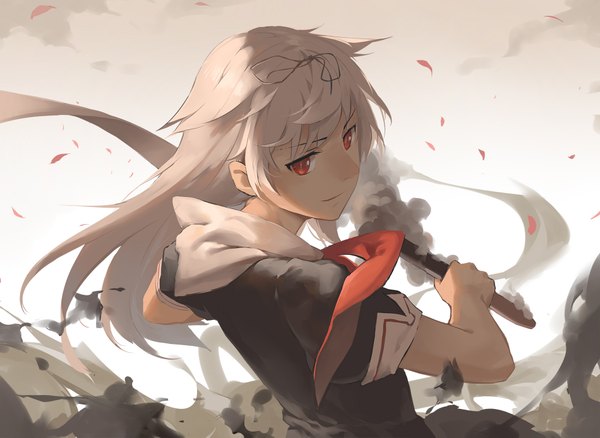 Anime picture 1900x1387 with kantai collection yuudachi destroyer huanxiang heitu single long hair looking at viewer highres blonde hair red eyes turning head remodel (kantai collection) girl petals scarf sailor suit