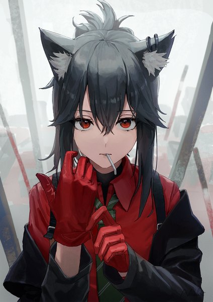 Anime picture 1500x2122 with arknights texas (arknights) texas (willpower) (arknights) nekoreito single long hair tall image looking at viewer fringe black hair hair between eyes red eyes animal ears upper body official alternate costume adjusting gloves girl gloves shirt red gloves