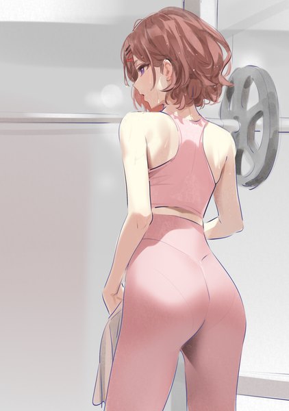 Anime picture 2079x2953 with idolmaster idolmaster shiny colors higuchi madoka yd (orange maru) single tall image fringe highres short hair open mouth light erotic brown hair standing purple eyes bare shoulders looking away ass profile from behind mole