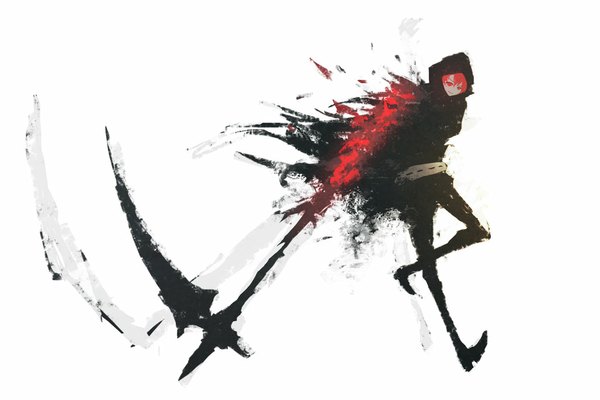Аниме картинка 1024x683 с оригинальное изображение slyvanie один (одна) чёлка красные глаза белый фон красные волосы бег девушка оружие обувь ремень капюшон брюки коса (оружие)