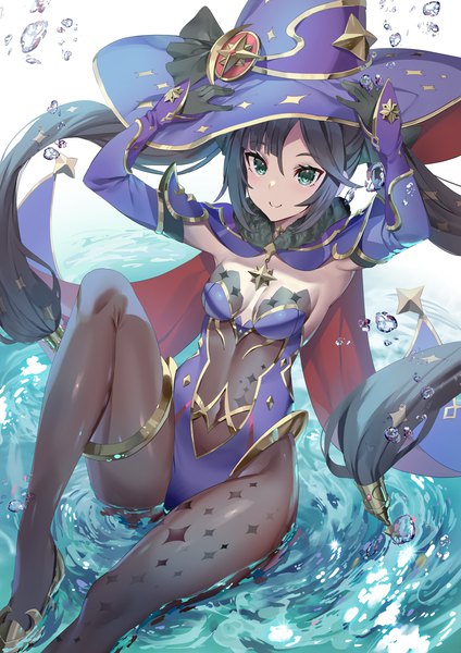 Anime picture 1060x1500 with genshin impact mona megistus yoshimoto (dear life) single long hair tall image light erotic black hair smile sitting twintails green eyes from above partially submerged adjusting hat girl gloves hat detached sleeves pantyhose