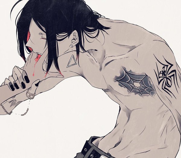 Anime picture 1024x896 with original no. 06 (zabeo) zabeo0125 short hair open mouth light erotic black hair simple background white background upper body eyes closed nail polish tattoo leaning leaning forward solo focus topless licking wrist grab boy
