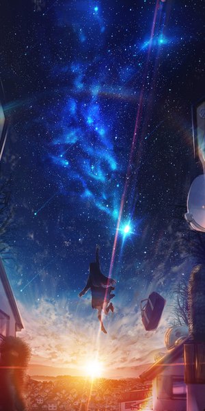 Anime picture 1500x3000 with original kenzo 093 single long hair tall image full body bent knee (knees) long sleeves arm up from behind night night sky city sunset cityscape landscape jumping scenic shooting star midair