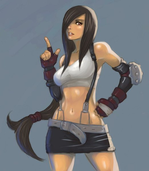 Anime picture 1024x1176 with final fantasy square enix tifa lockhart kamui12 single long hair tall image fringe breasts light erotic simple background brown hair parted lips hair over one eye midriff girl gloves navel miniskirt elbow gloves
