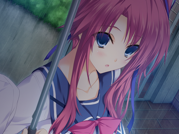 Anime picture 1024x768 with lovely x cation hibiki works amagase yuuki iizuki tasuku long hair blue eyes game cg red hair rain girl ribbon (ribbons) hair ribbon serafuku