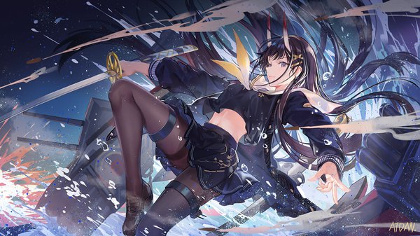 Anime picture 1500x844 with azur lane noshiro (azur lane) atdan single long hair looking at viewer fringe black hair wide image purple eyes holding signed bent knee (knees) outdoors long sleeves pleated skirt horn (horns) wind open clothes midriff