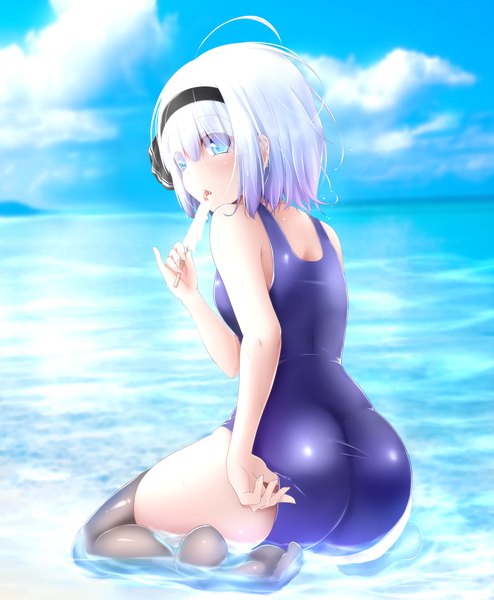 Anime picture 2489x3023 with touhou konpaku youmu evandragon single tall image looking at viewer blush fringe highres short hair blue eyes light erotic sitting holding payot sky silver hair cloud (clouds) full body bent knee (knees)