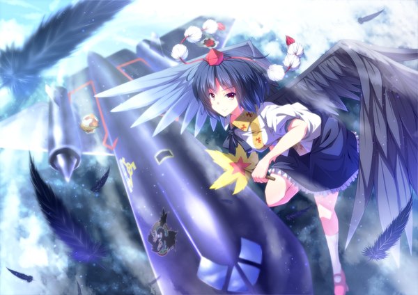 Anime picture 1800x1272 with touhou shameimaru aya sr-71 ryosios highres short hair black hair smile red eyes sky cloud (clouds) girl skirt miniskirt wings feather (feathers) tokin hat