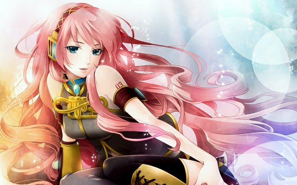 Anime picture 1920x1200 with vocaloid megurine luka looking at viewer fringe highres open mouth blue eyes wide image sitting pink hair very long hair tattoo legs girl detached sleeves headphones