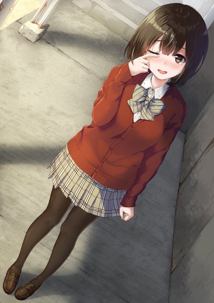 Anime picture 1413x2000 with original unasaka ryou single tall image looking at viewer blush fringe short hair open mouth hair between eyes brown hair standing brown eyes full body outdoors pleated skirt one eye closed tears plaid skirt crying