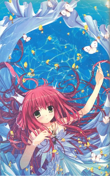 Anime picture 3819x6105 with yuki usagi (mofurafu) single long hair tall image blush highres green eyes pink hair absurdres girl water insect butterfly jewelry