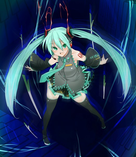 Anime picture 1000x1150 with vocaloid hatsune miku akaume single tall image blush open mouth twintails green eyes very long hair aqua hair girl thighhighs skirt black thighhighs detached sleeves miniskirt necktie headphones