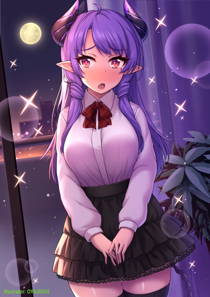 Anime picture 778x1100 with original oyaji-sou single long hair tall image blush fringe breasts open mouth large breasts standing purple hair ahoge indoors head tilt pink eyes horn (horns) pointy ears sparkle embarrassed
