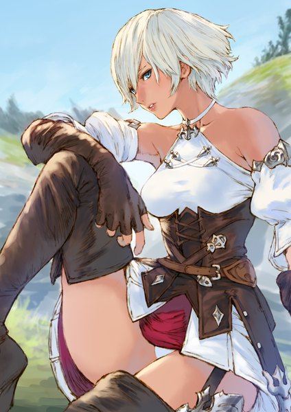 Anime picture 990x1400 with final fantasy final fantasy xiv square enix hyur makimura shunsuke single tall image looking at viewer fringe short hair breasts blue eyes light erotic hair between eyes sitting bare shoulders sky silver hair bent knee (knees) outdoors