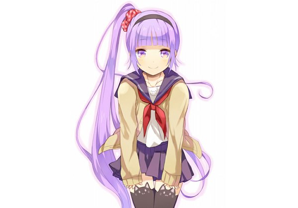 Anime picture 1000x700 with tales of (series) tales of graces sophie (tales) ebimayo (pixiv6485272) single long hair simple background smile white background purple eyes purple hair zettai ryouiki third-party edit extended girl thighhighs skirt cat