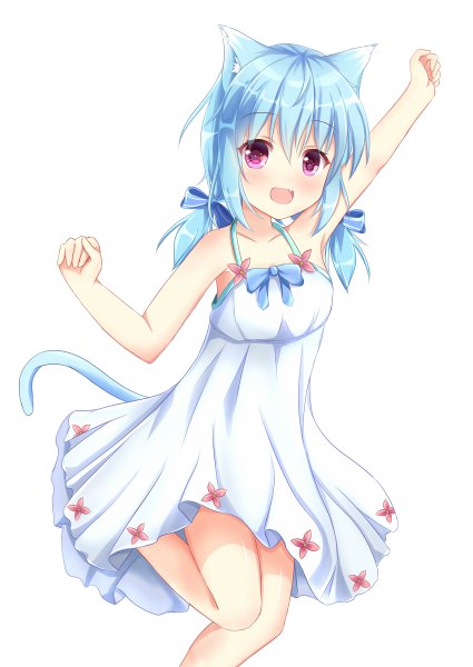 Anime picture 850x1200 with original kedama (kedama akaza) single long hair tall image looking at viewer blush fringe open mouth simple background smile hair between eyes standing white background twintails bare shoulders animal ears blue hair bent knee (knees) tail