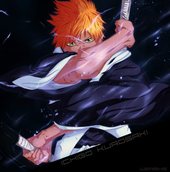 Anime picture 1779x1800 with bleach studio pierrot kurosaki ichigo wershe single tall image highres short hair holding brown eyes traditional clothes japanese clothes orange hair inscription coloring magic dark background muscle dual wielding boy