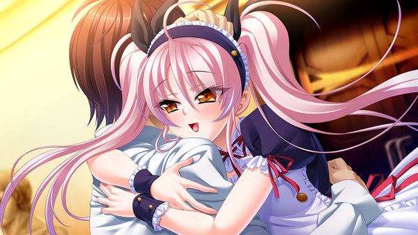 Anime picture 1024x576 with silicon magic mu (silicon magic) long hair blush open mouth wide image twintails pink hair game cg maid orange eyes girl headdress maid headdress