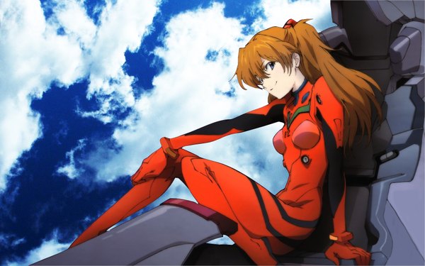 Anime picture 1680x1050 with neon genesis evangelion rebuild of evangelion gainax soryu asuka langley shikinami asuka langley single highres blue eyes smile wide image sitting sky orange hair cockpit pilot suit entry plug