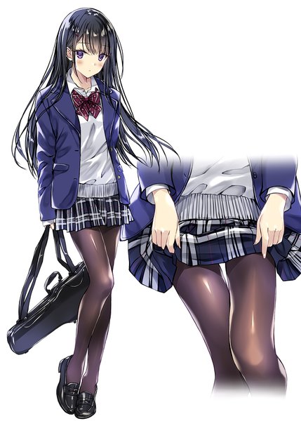 Anime picture 1110x1553 with original kobayashi chisato long hair tall image looking at viewer blush fringe black hair simple background hair between eyes standing white background purple eyes holding payot full body bent knee (knees) pleated skirt open clothes plaid skirt