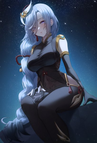 Anime picture 2000x2939 with genshin impact shenhe (genshin impact) ame 816 single tall image looking at viewer blush fringe highres breasts blue eyes light erotic large breasts sitting silver hair bent knee (knees) outdoors braid (braids) very long hair hair over one eye