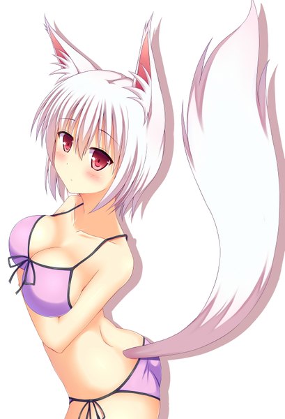 Anime picture 2330x3419 with original d-savio single tall image looking at viewer blush highres short hair breasts light erotic red eyes animal ears white hair tail animal tail fox ears fox tail fox girl girl swimsuit