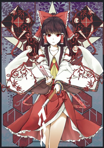 Anime picture 723x1023 with touhou hakurei reimu cibo (killy) single long hair tall image looking at viewer red eyes brown hair traditional clothes border miko girl bow hair bow detached sleeves gohei