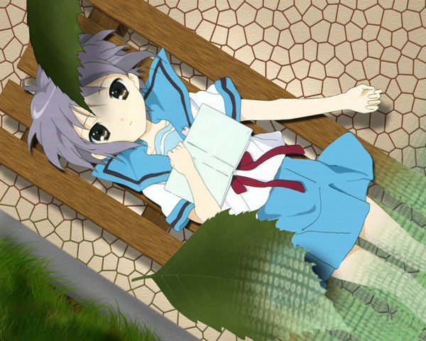 Anime-Bild 1280x1024 mit suzumiya haruhi no yuutsu kyoto animation nagato yuki single looking at viewer short hair brown eyes outdoors lying from above grey hair on back third-party edit girl uniform plant (plants) school uniform serafuku book (books) leaf (leaves)