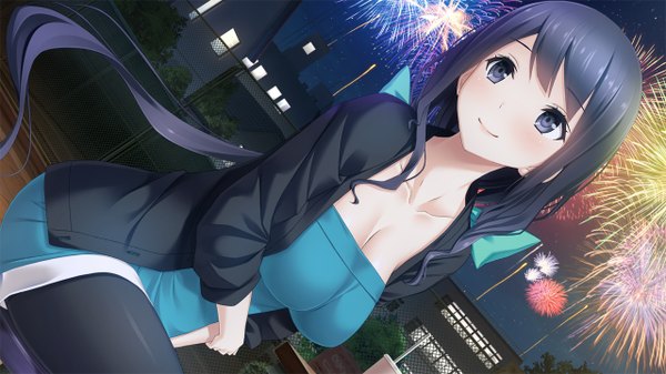 Anime picture 1280x720 with haru kiss giga hyoudou amane mikoto akemi single long hair fringe breasts smile wide image purple eyes looking away game cg sky cleavage purple hair outdoors night fireworks girl