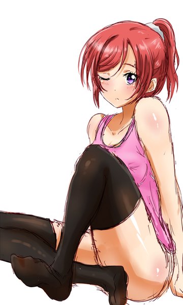 Anime picture 800x1333 with love live! school idol project sunrise (studio) love live! nishikino maki shogo single long hair tall image looking at viewer blush light erotic simple background white background sitting purple eyes bare shoulders pink hair bent knee (knees) ponytail eyes closed
