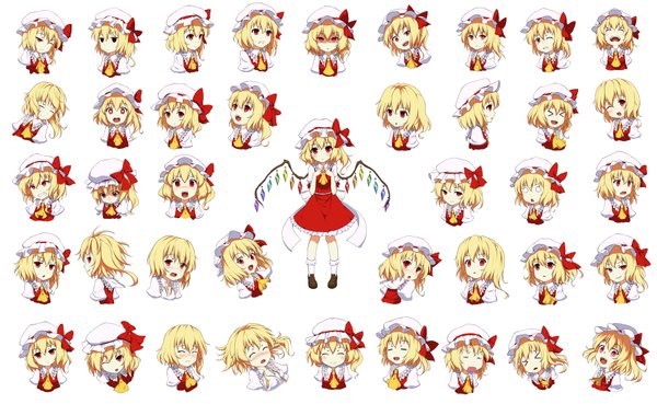 Anime picture 1950x1200 with touhou flandre scarlet mount whip looking at viewer blush highres short hair open mouth simple background blonde hair smile wide image upper body ponytail eyes closed :d profile one eye closed looking back wink