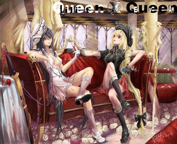 Anime picture 1347x1100 with queen lilith queen eva edenfox fringe breasts light erotic black hair blonde hair red eyes sitting cleavage braid (braids) very long hair lips crossed legs drill hair dress gloves flower (flowers) bow