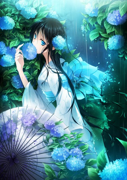 Anime picture 620x877 with original drugstore04 single long hair tall image blue eyes black hair traditional clothes japanese clothes hair flower rain girl hair ornament flower (flowers) kimono umbrella oriental umbrella hydrangea