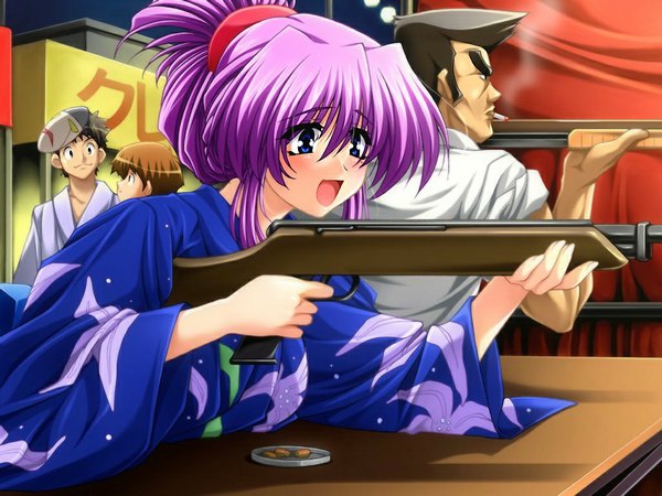 Anime picture 1024x768 with momiji happy story (game) blush open mouth blue eyes game cg purple hair japanese clothes girl weapon kimono gun