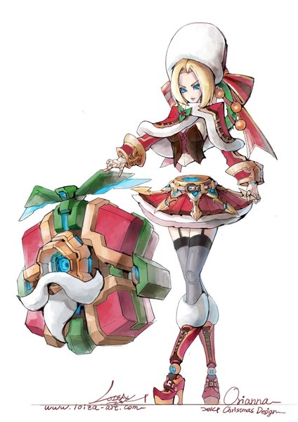 Anime picture 1200x1697 with league of legends orianna (league of legends) loiza single tall image short hair blue eyes blonde hair simple background white background lips christmas merry christmas mechanical girl thighhighs skirt black thighhighs shoes garter straps