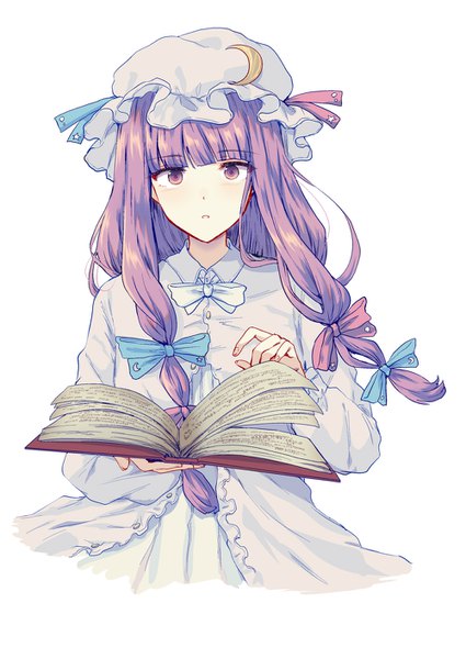Anime picture 1000x1411 with touhou patchouli knowledge uranaishi (miraura) single long hair tall image fringe simple background white background purple eyes purple hair upper body blunt bangs tress ribbon girl bow hair bow hat book (books) bonnet