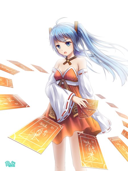 Anime picture 1781x2379 with vocaloid hatsune miku reki (lichk) single long hair tall image highres open mouth blue eyes simple background white background twintails bare shoulders blue hair ahoge girl dress hair ornament detached sleeves card (cards)