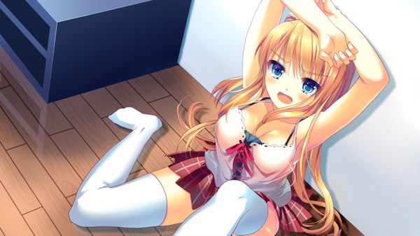 Anime picture 1920x1079 with original mochiko (mochiko3121) single long hair blush highres open mouth blue eyes light erotic blonde hair wide image arms up girl thighhighs skirt miniskirt white thighhighs