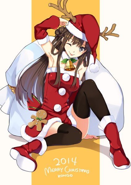 Anime picture 1015x1435 with kantai collection kongou battleship hao (patinnko) single long hair tall image looking at viewer brown hair sitting one eye closed horn (horns) wink grey eyes character names christmas merry christmas 2014 dojikko pose girl dress