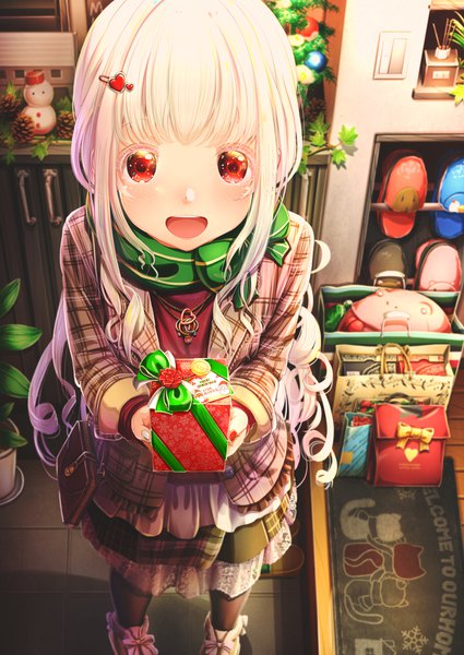 Anime picture 1200x1694 with original abo (kawatasyunnnosukesabu) single long hair tall image looking at viewer blush fringe open mouth smile red eyes standing holding payot white hair indoors blunt bangs long sleeves nail polish :d